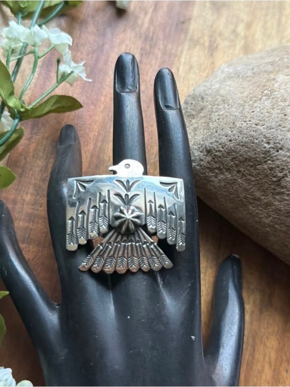 Navajo Sterling Silver Thunderbird Stamped Adjustable Ring Sunshine Reeves - Picture 9 of 12
